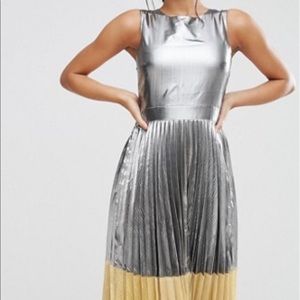 ASOS Sheer & Solid Metallic Pleated Midi Dress